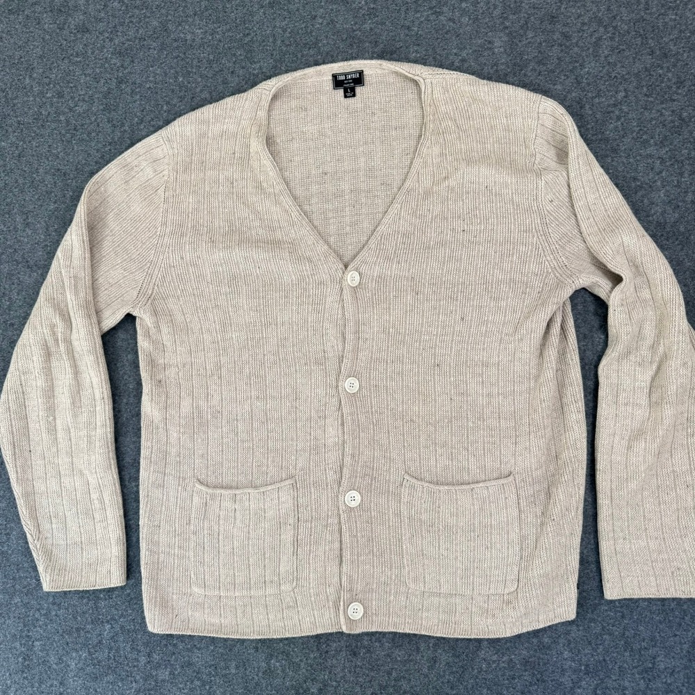 Todd Snyder Mens Italian Linen Cotton Ribbed V-Neck Cardigan Sweater Beige L
